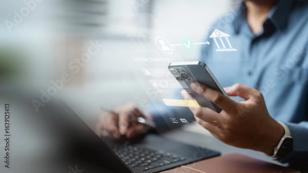 Fototapeta Online banking transfer money concept. Internet bank account deposit. Finance business. Financial deposit technology.