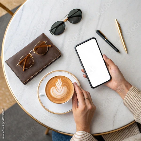 Fototapeta Flat Lay of Hands Holding Smartphone with Blank Screen at Café Table with Coffee, Sunglasses, and Accessories – Mockup Scene

