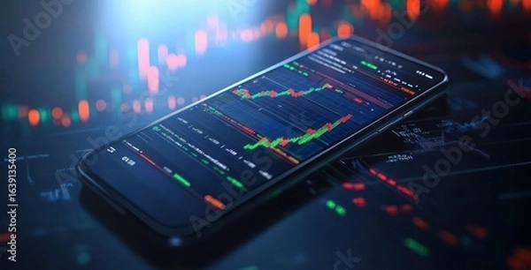 Fototapeta Smartphone displaying dynamic financial stock market graphs with red and green candlesticks on a reflective surface and blurred charts in the background, conveying active trading atmosphere