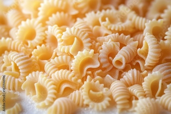 Obraz Close-up view of uncooked radiatori pasta with textured ridges and curvy shapes in warm natural light