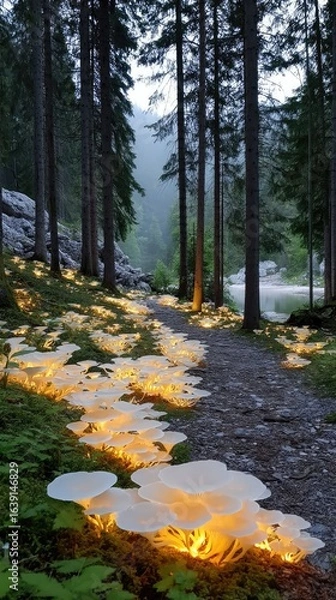 Obraz Glowing Mushrooms Forest Path at Night
