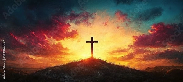 Fototapeta Silhouette of a cross on a hilltop against a dramatic and colorful sunrise or sunset sky with vibrant orange, yellow, and deep blue clouds