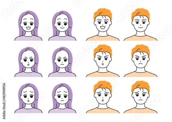 Fototapeta いろいろな表情の男女イラストセット