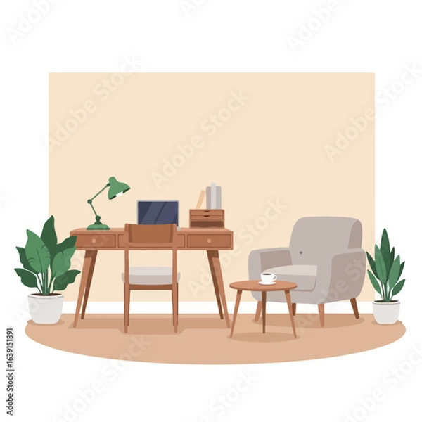 Fototapeta Cozy workspace with desk and armchair creates inviting study area at home. Cozy workspace offers lamp, laptop and plants for inspired work.