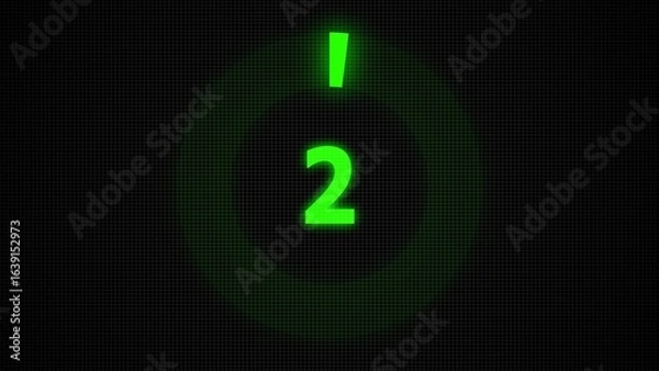 Fototapeta Countdown timer number ,0 to 2 seconds circular countdown digital electronic timer. counting down with green numbers and circle marking time ,Sci-Fi light Effects electronic protection system.