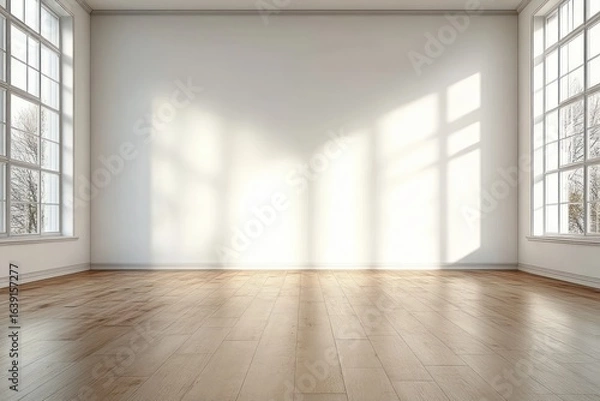 Obraz Empty bright room with large windows casting soft light shadows on wooden floor and plain white walls