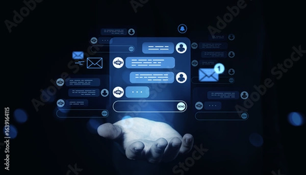 Fototapeta Chatbot communication interface hovering above open human hand on dark background.