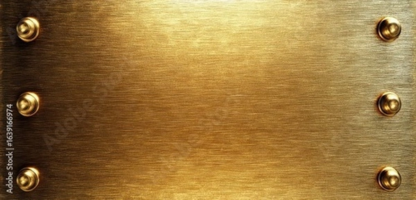 Fototapeta Brushed golden metal plate with symmetrical round rivets on sides reflecting light with a sleek, shiny texture