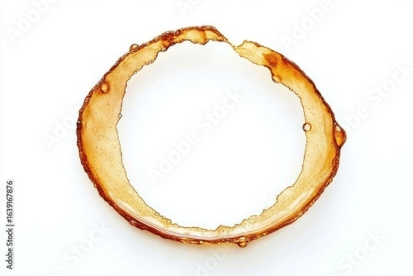 Fototapeta Close-up of a brown liquid stain forming a ring shape on a white surface with bubbly texture and irregular edges