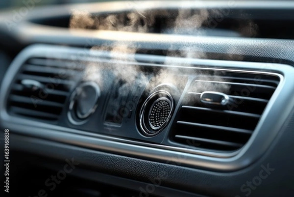 Fototapeta Close-up of a car dashboard air vents releasing visible steam or mist indicating air conditioning or heating in use