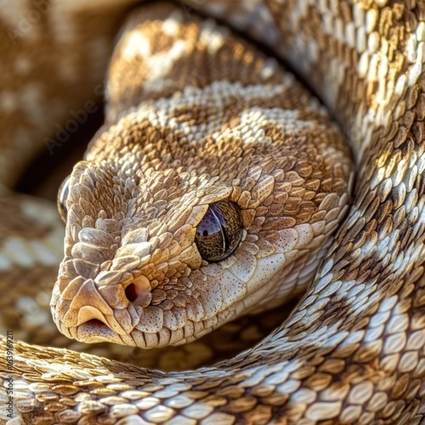 Fototapeta Close-up of a coiled snake, detailed scales and eyes