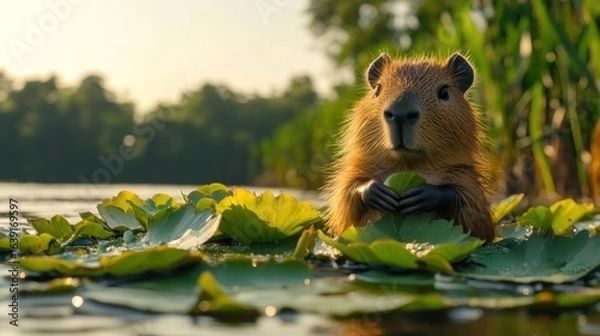 Fototapeta Close-up of capybara in water lilies