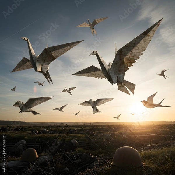 Fototapeta A flock of paper birds flying in the sky