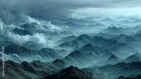 Fototapeta Misty mountain range, dramatic clouds
