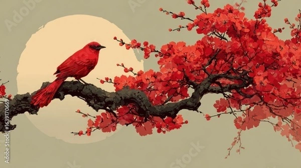 Fototapeta Red bird on blossom branch, soft hues