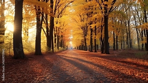Fototapeta Twilight light over an autumn forest road, golden leaves illuminated under the last sunlight, cool shadows on the ground
