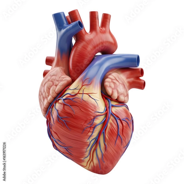 Fototapeta Realistic anatomical human heart with major arteries and veins isolated on transparent background