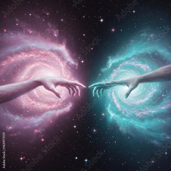 Fototapeta Two hands are reaching out to each other in the sky, surrounded by stars