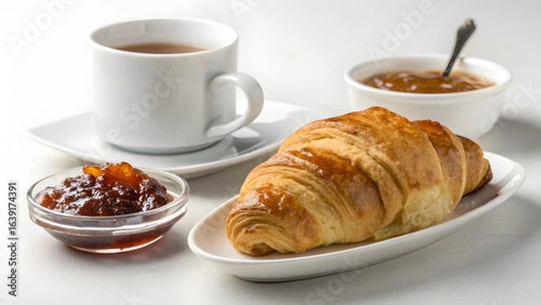 Fototapeta Butter Croissant with Jam and Hot Tea on Minimalist Tabletop. Perfect for: Breakfast, Afternoon Tea, Paris Café