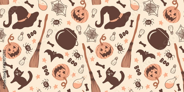 Fototapeta Seamless Halloween Pattern with Witch’s Cauldron, Broomsticks, Pumpkins, Spiders, and Spooky Autumn Elements in Hand-Drawn Style. Retro, Vintage Halloween Background.