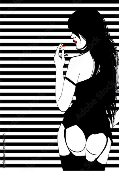 Obraz Young brunette girl in lingerie smoking a cigarette. Pop art vector illustration.
