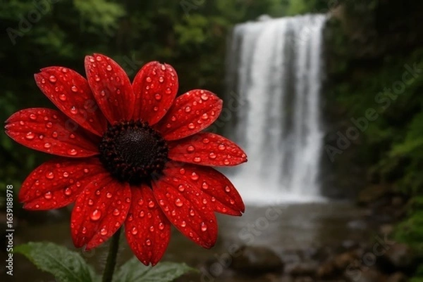 Fototapeta A vibrant red flower with water droplets stands in stark contrast against a serene backdrop of a flowing waterfall, symbolizing the beauty and resilience of life