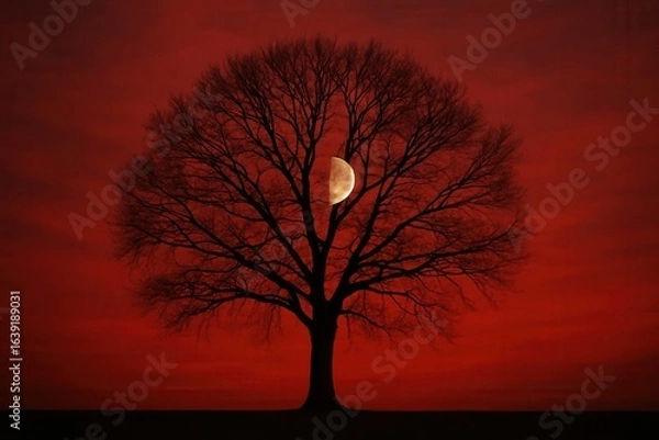 Fototapeta Silhouette of a solitary tree against a fiery red sky, with a crescent moon casting an ethereal glow