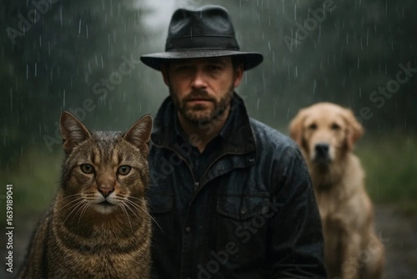 Fototapeta Under the relentless rain, a man and his loyal canine companion stand together in quiet resilience