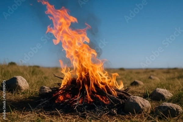Fototapeta Amidst the tranquil expanse of a clear blue sky, a solitary campfire burns brightly on a verdant field, casting an ethereal glow that dances in the warmth of the flames