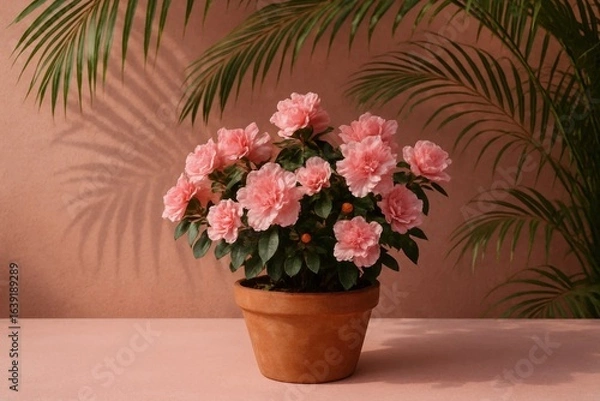 Fototapeta A serene tableau of pink dahlias in a rustic terracotta pot, nestled against a soft pink wall and the lush greenery of a palm tree