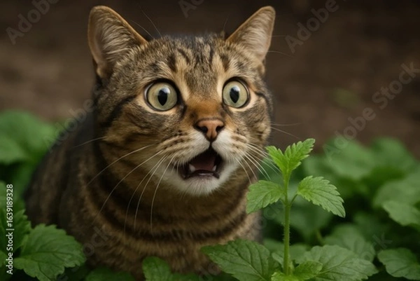 Fototapeta A Tabby Cat's Curious Gaze Through the Leafy Veil