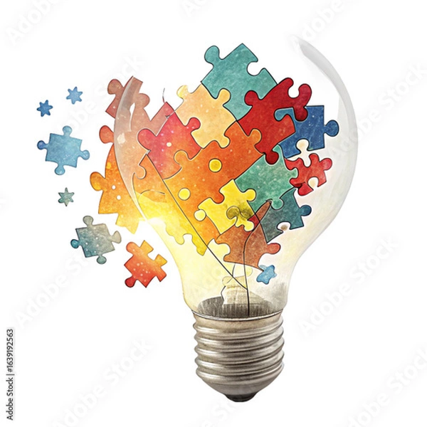 Fototapeta Vibrant lightbulb bursts with colorful puzzle pieces symbolizing creative ideas and innovation
