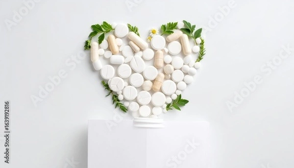 Fototapeta Heart Shape Created from Colorful Pills Surrounded by Fresh Green Leaves Symbolizing Health and Care