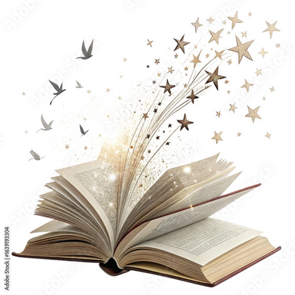 Fototapeta Unlock boundless imagination as stars and birds soar from an open book in a magical burst of light