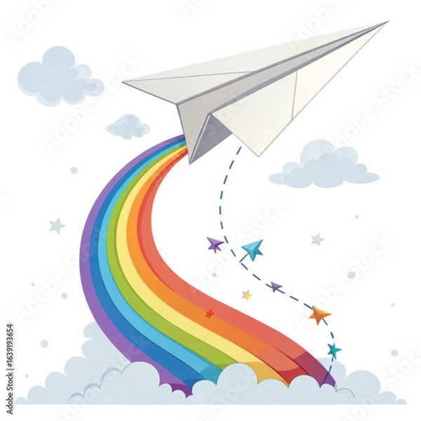Fototapeta Dream big with a paper airplane soaring through a vibrant rainbow and starry sky