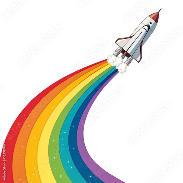 Fototapeta Soaring spacecraft trails vibrant rainbow stream, symbolizing hope and limitless possibilities