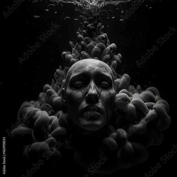 Fototapeta Surreal Underwater Face with Flowing Ink Clouds in Monochrome
