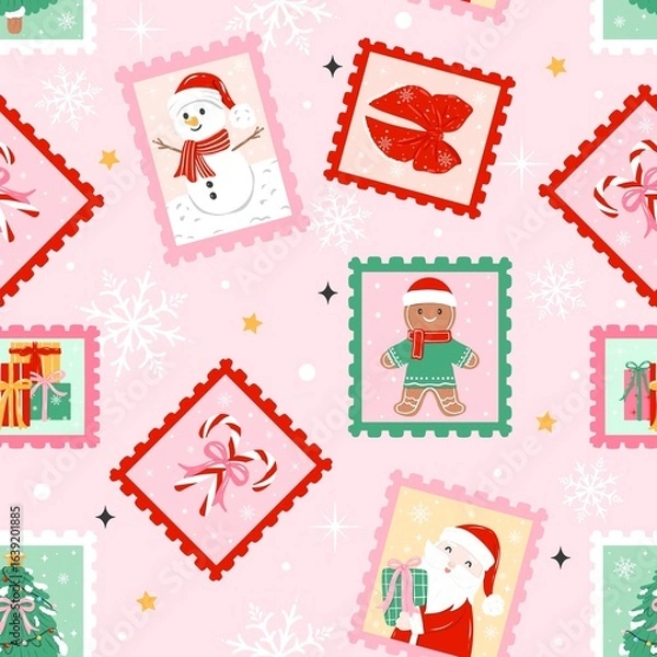 Fototapeta Christmas Stamps Seamless Pattern On Pink Background 