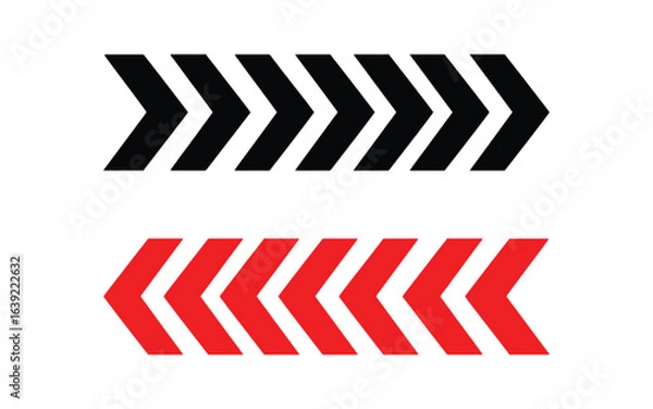 Fototapeta Dynamic chevron arrows pointing right and left in black and red on white, perfect for wayfinding, branding, or directional design projects