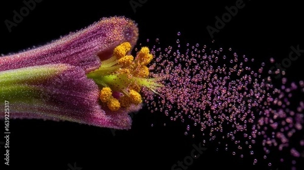 Fototapeta Close Up of a Single Pollen Grain on a Flower's Stamen Against a Dark Background