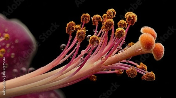 Fototapeta Close Up of a Single Pollen Grain on a Flower's Stamen Against a Dark Background