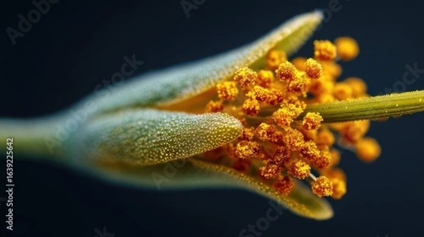 Fototapeta Close Up of a Single Pollen Grain on a Flower's Stamen Against a Dark Background