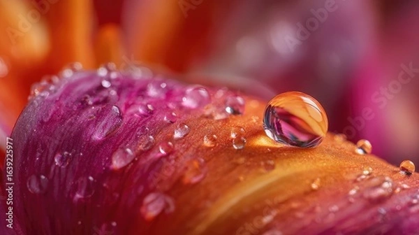 Fototapeta Close-Up of a Raindrop on a Flower Petal with Vibrant Orange and Pink Colors in Nature
