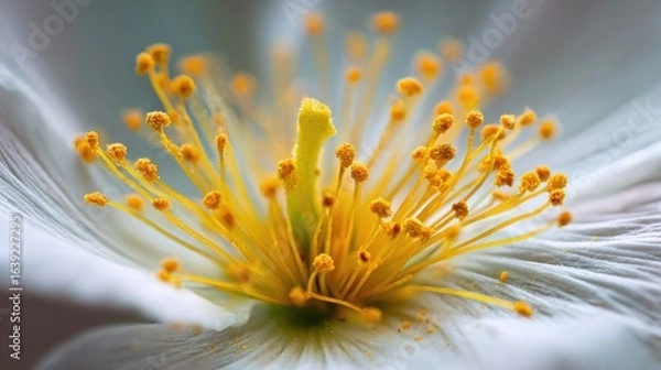 Fototapeta Close-Up of a Single Pollen Grain on a Flower's Stamen with Delicate White Petals and Yellow Centers