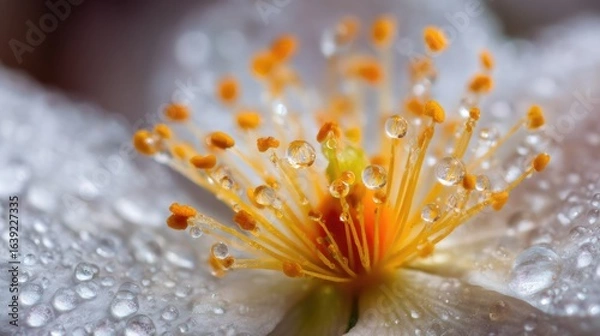Fototapeta Close-Up of a Single Pollen Grain on a Flower's Stamen with Delicate White Petals and Yellow Centers