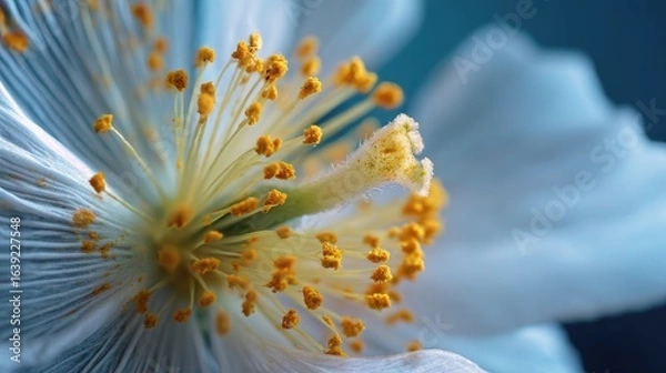 Fototapeta Close-Up of a Single Pollen Grain on a Flower's Stamen with Delicate White Petals and Yellow Centers