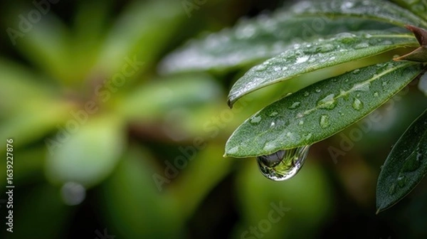 Fototapeta Close-up of a Single Raindrop on a Green Leaf with Glimmering Details in Nature