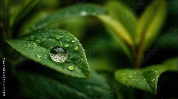 Fototapeta Close-up of a Single Raindrop on a Green Leaf with Glimmering Details in Nature