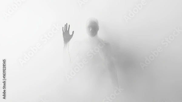 Fototapeta A silhouette of a person behind frosted glass, with one hand raised. Its hand visible but with no face or eyes - just a transparent cloud against an all-white background.