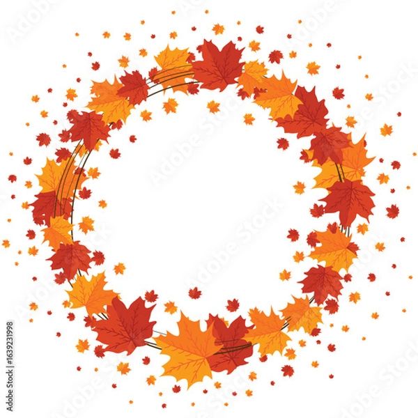 Fototapeta Autumn frame with leaves of maple isolated on white background. Round frame made of leaves.